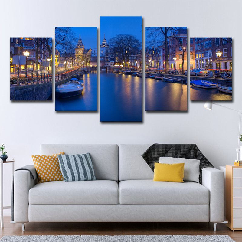 Amsterdam Canal Wall Art Decor for Home Night View Canvas Print in Blue, Multi-Piece