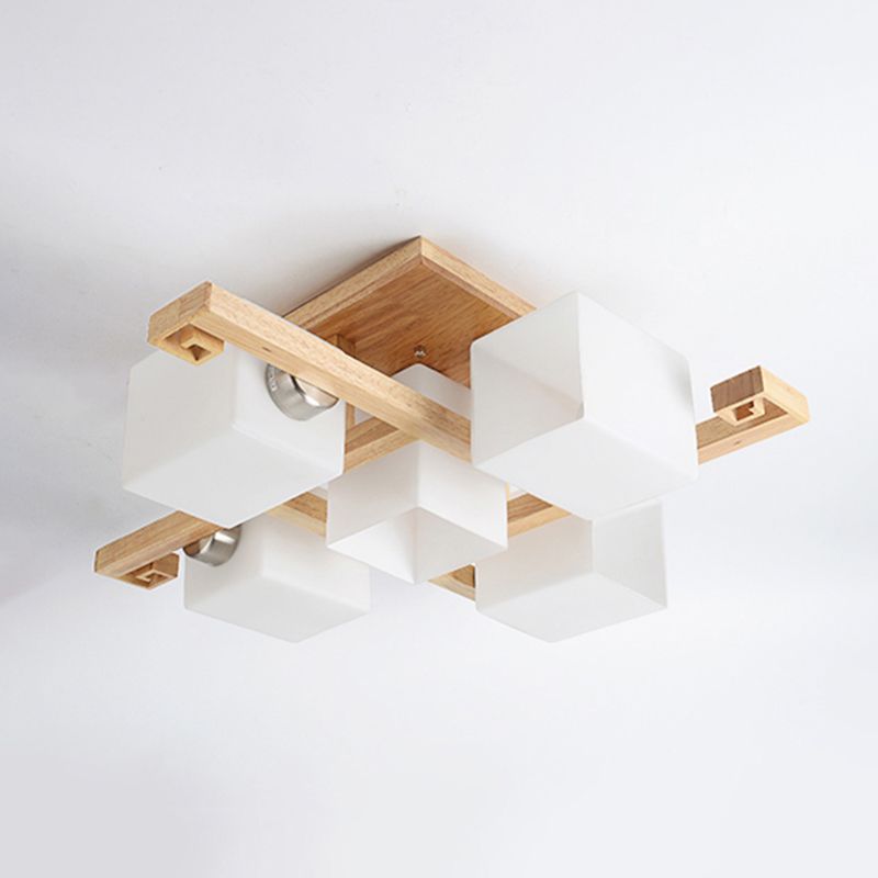 Modern Creative Indoor Semi Flush Mount Wooden Sputnik Ceiling Light with White Glass Shade
