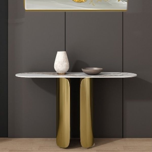 16 inch Wide Glam Console Table Oval Shape Stone Accent Table for Hall