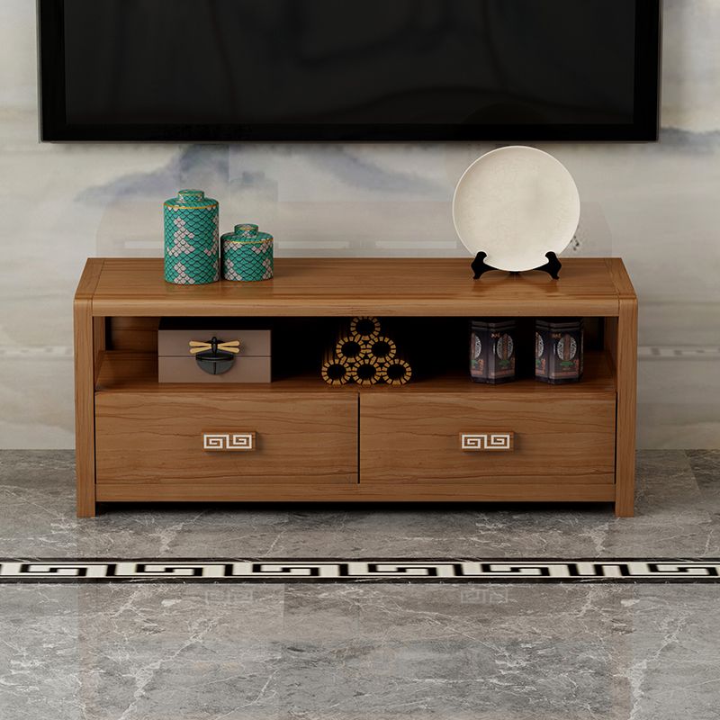 Brown Rubber Wood TV Stand Contemporary Style TV Cabinet with 2 Drawers