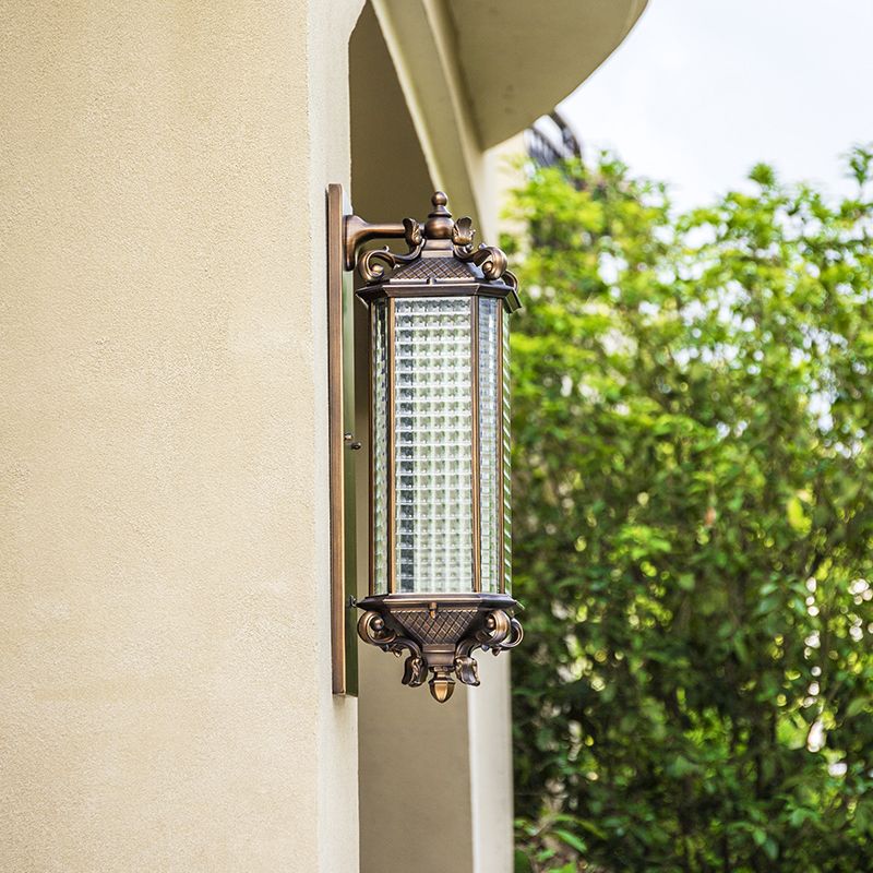 Bronze Rectangular Wall Mount Light Traditional Grid Glass Single Courtyard Wall Light Fixture