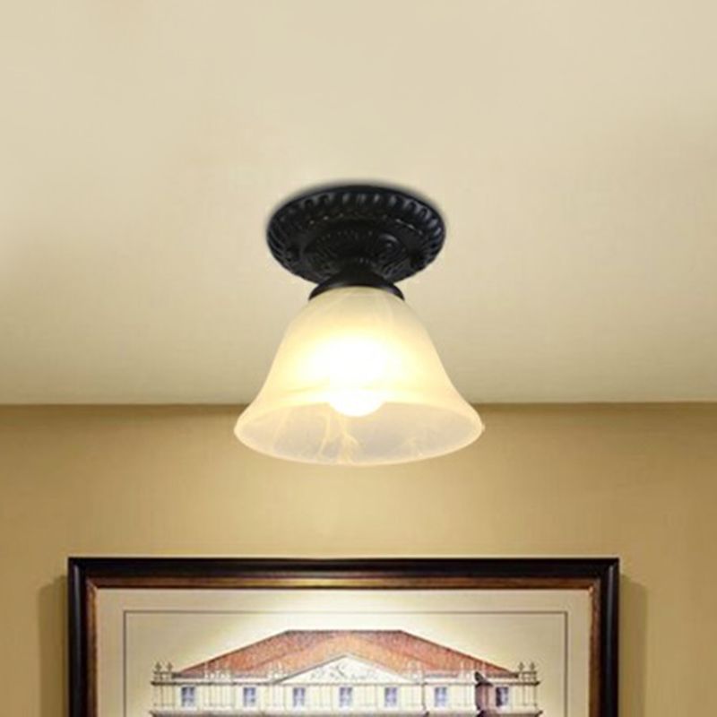 Black Bell Semi Flush Traditional Frost Glass 1-Light Corridor Flush Ceiling Light Fixture