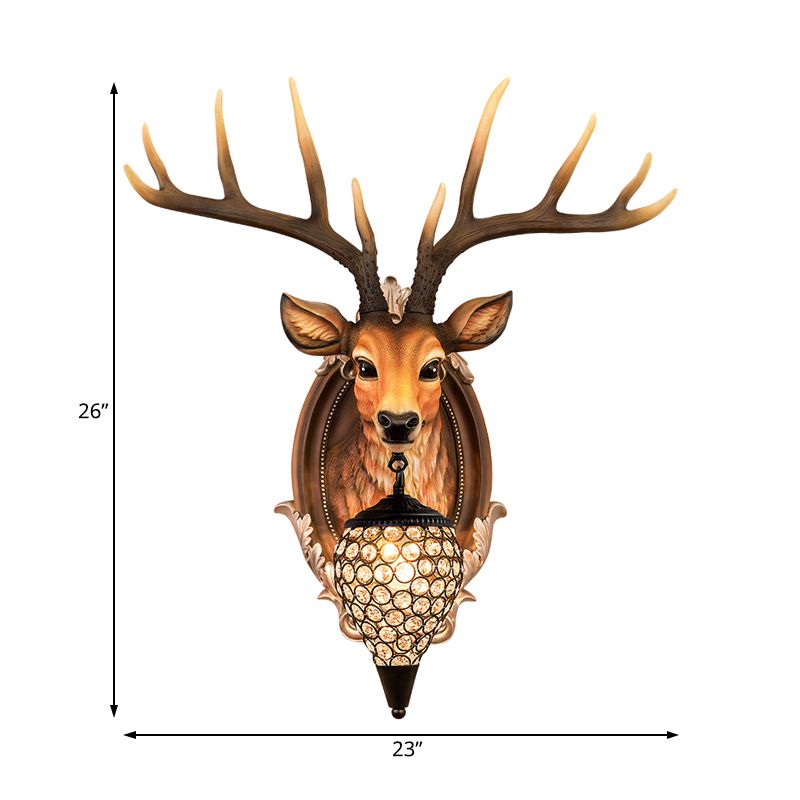 White/Beige/Yellow Deer Wall Lighting Rustic Resin 1 Light Living Room Sconce Lamp with Droplet Crystal Shade