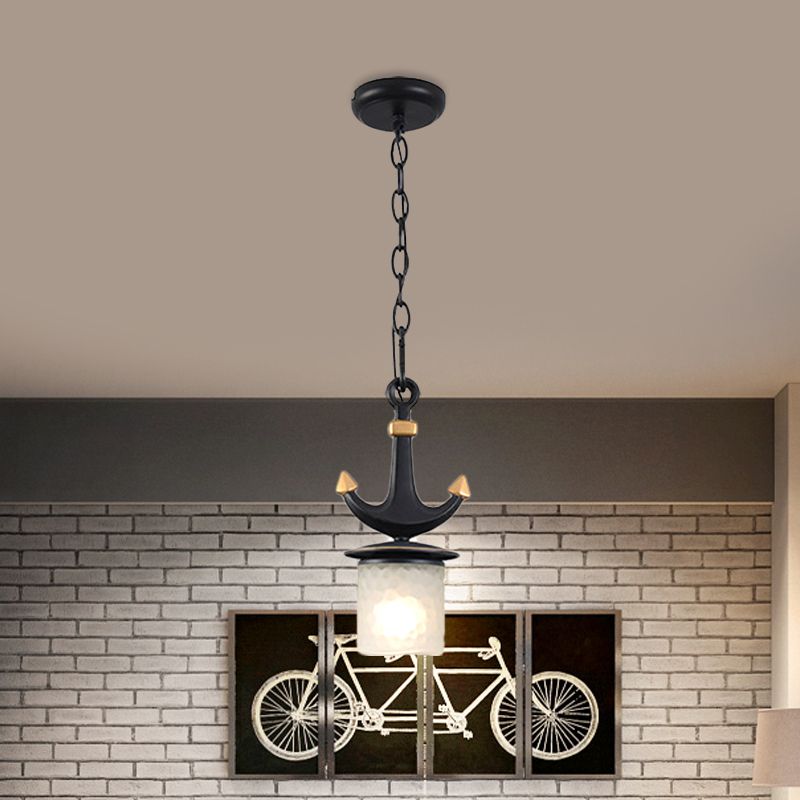 Bell/Cylinder Drop Pendant Mediterranean Cream Glass 1 Head Black Ceiling Light with Anchor Design, Small/Large