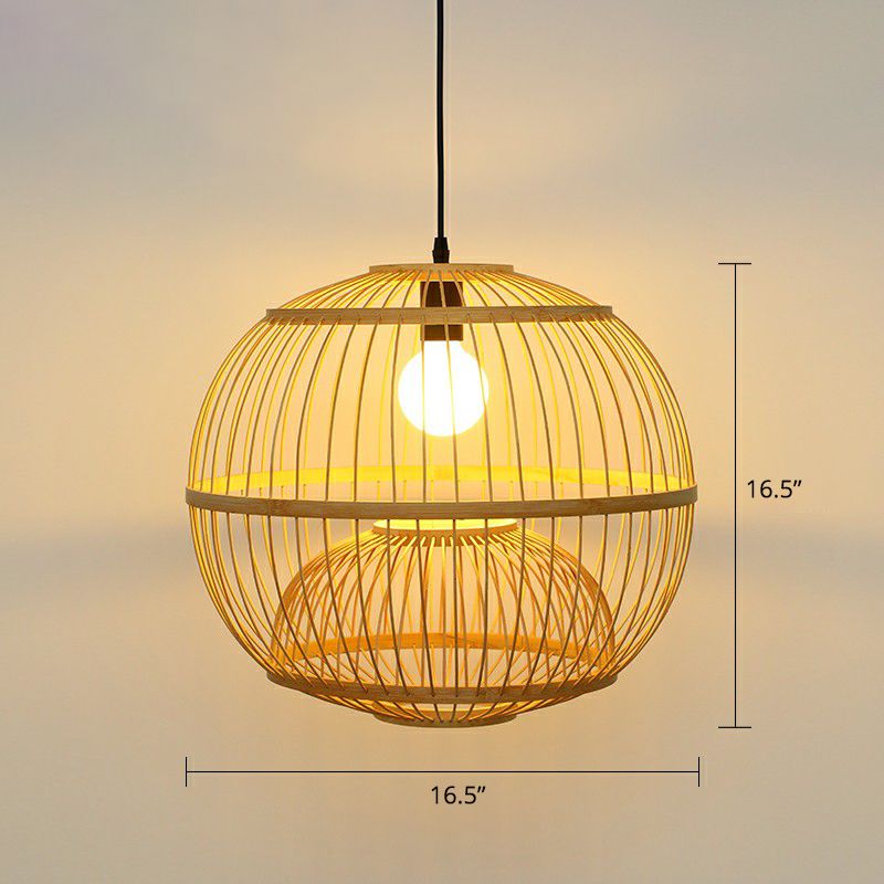 Wood Handcrafted Cage Pendant Light Asian 1 Head Bamboo Drop Lamp for Dining Room