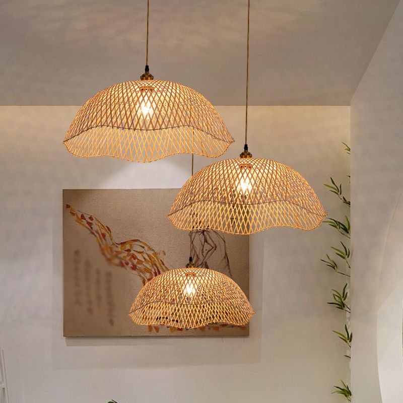 Scalloped Dining Room Drop Lamp Bamboo 1 Bulb Asian Style Pendant Lighting Fixture