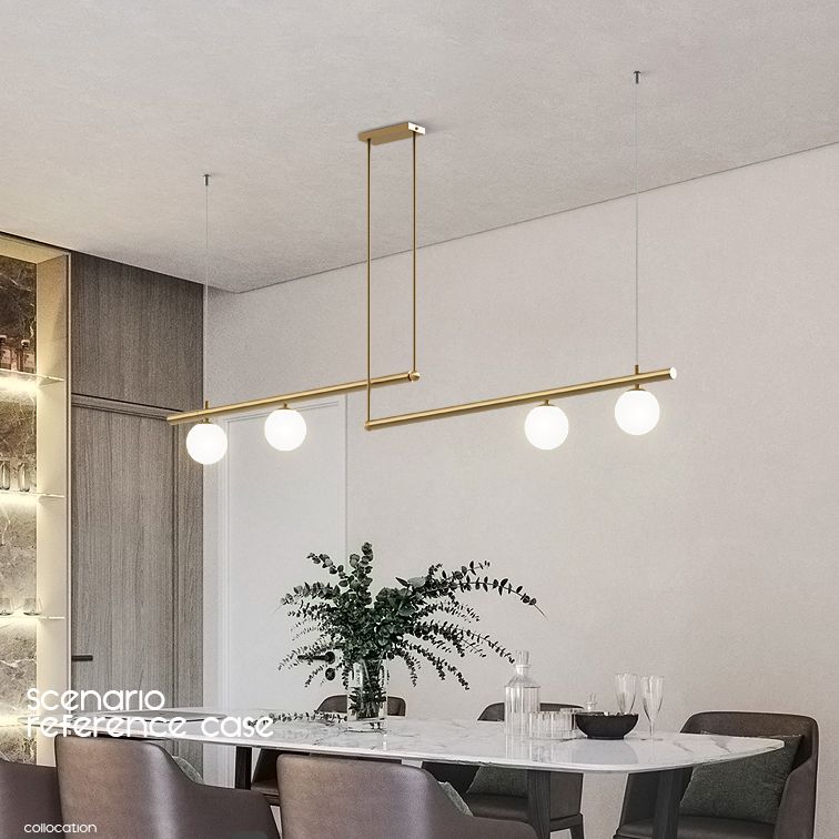 Gold Finish Linear Hanging Light Simplicity Metal Island Light with Ball White Glass Shade