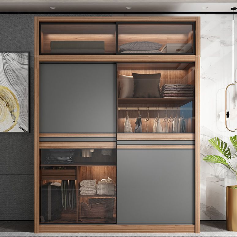 Brown and Gray Storage Cabinet Modern Sliding Door Cabinet with Drawers