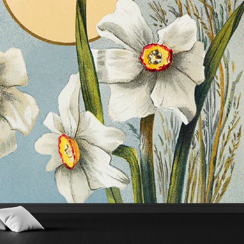 White Blossom and Sun Mural Wallpaper Florentine Contemporary Stain-Proof Wall Art