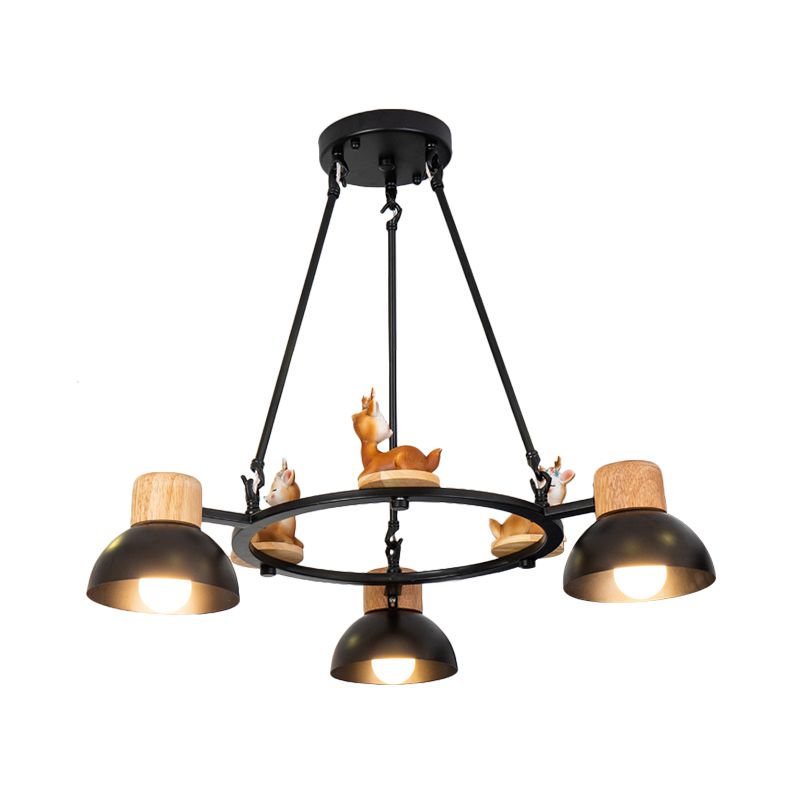 Kids Domed Pendant Chandelier Metal 3/6 Lights Living Room Suspension Lighting with Deer/Horse Decor in Black/White