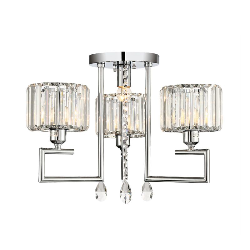 Tambour à tambour en cristal côtelé plafonnier moderne lampe à chasse d'eau en argent moderne 4/6 de lumière avec cadre de défilement
