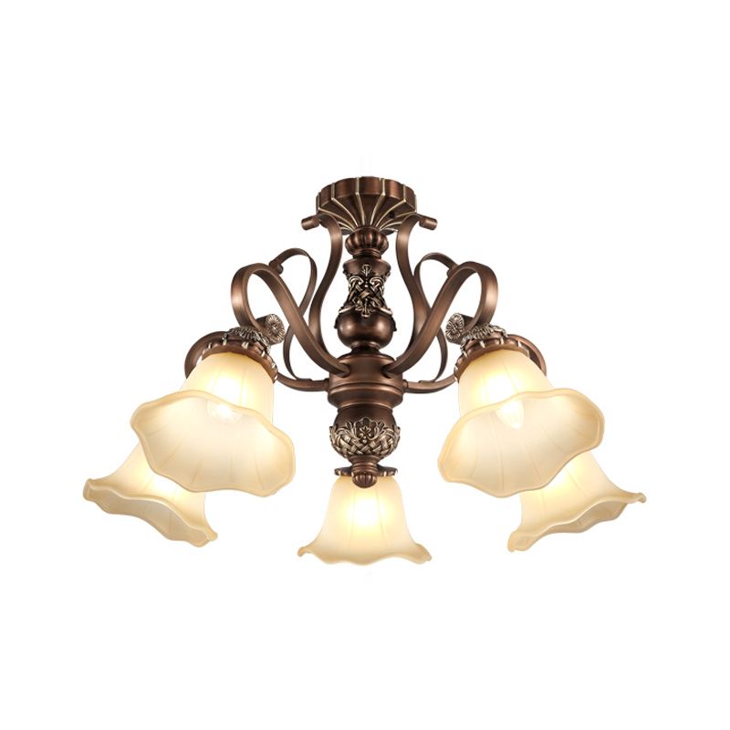 5/6/8 Lights Floral Shade Semi Flush Light Countryside Brown Opal Glass Close to Ceiling Lamp for Living Room