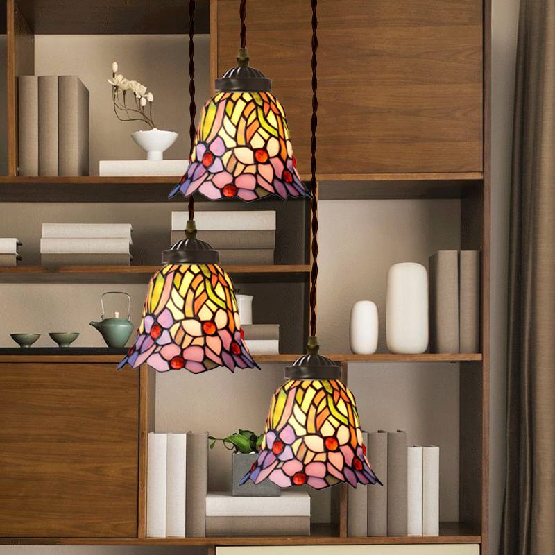 Pink/Light Blue and White Bell/Bowl Drop Lamp Victorian 3 Heads Hand Cut Glass Floral/Fruit Patterned Multi Pendant Light