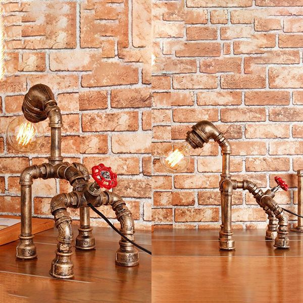 Lámpara de mesa para perros de 1 linda con tubería de agua Black/Bronze Iluminación de mesa de hierro forjado para restaurante