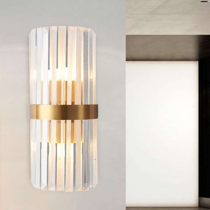Cylinder Sconce Light Contemporary Three Side Crystal Rod 2 Heads Gold Wall Mounted Light