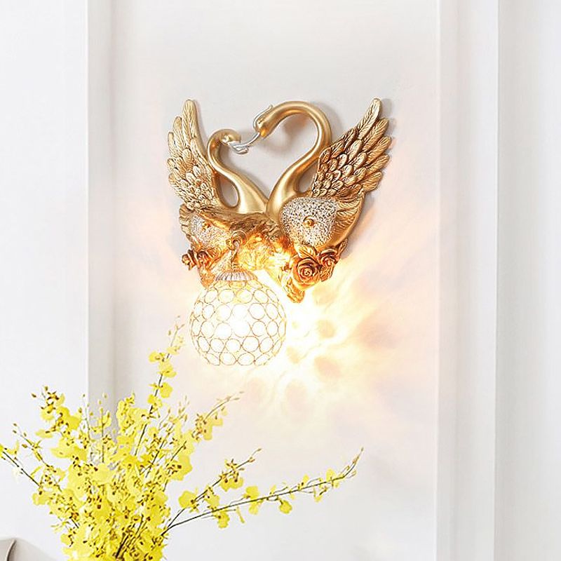Swan Bedroom Wall Sconce Modern Metal 1 Light Gold Wall Lighting with Globe Crystal Shade