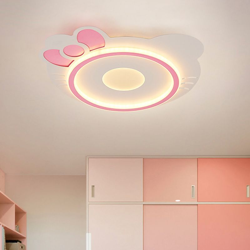 Cartoon Cat Shape Ceiling Flush Mount Acrylic LED Bedroom Flushmount Lamp in Pink, White/Warm Light