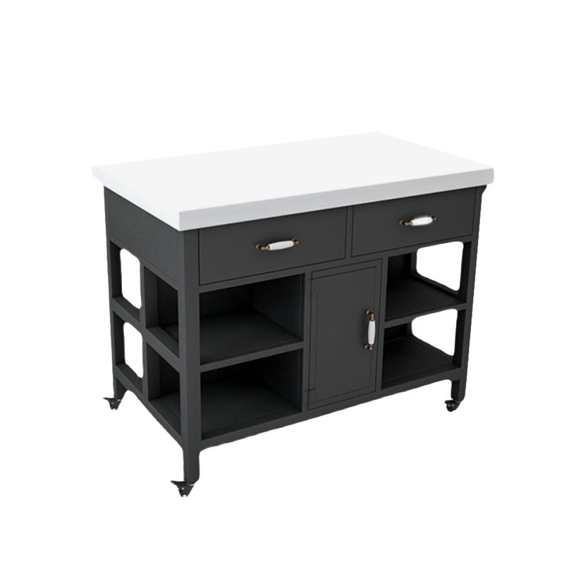 Faux Marble Rectangular Kitchen Island Cart with Black Metal Base