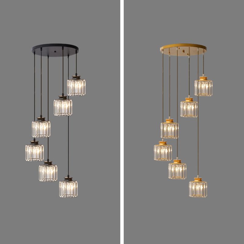 Gold Stairway Cluster Pendant Light in Modern Luxury Style Wrought Iron Hanging Light with Crystal Shade