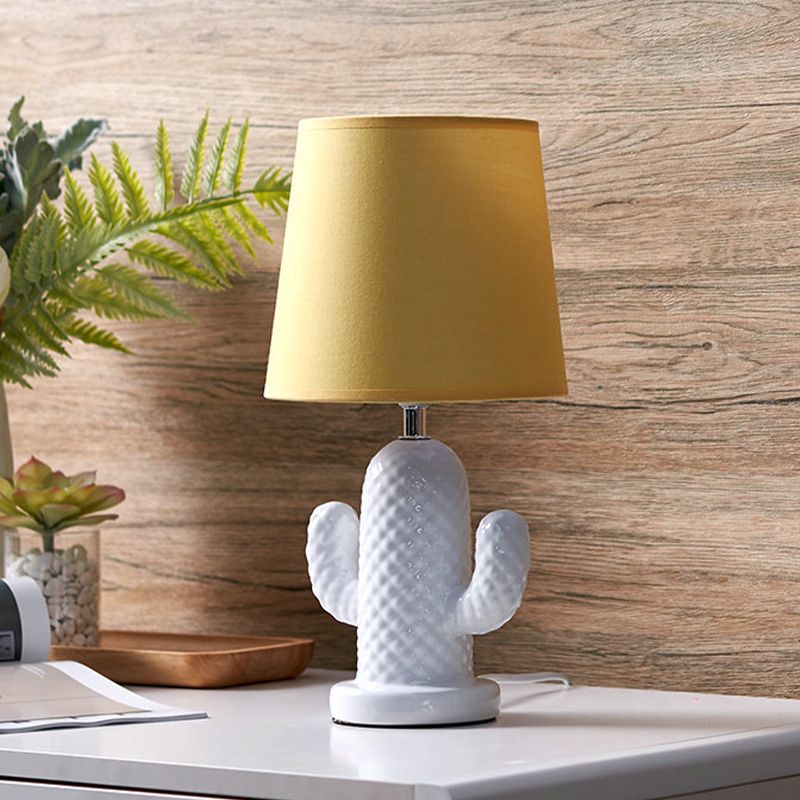Ceramics Cactus Table Lighting Nordic Style Single Head White Desk Lamp with Barrel Yellow Fabric Shade