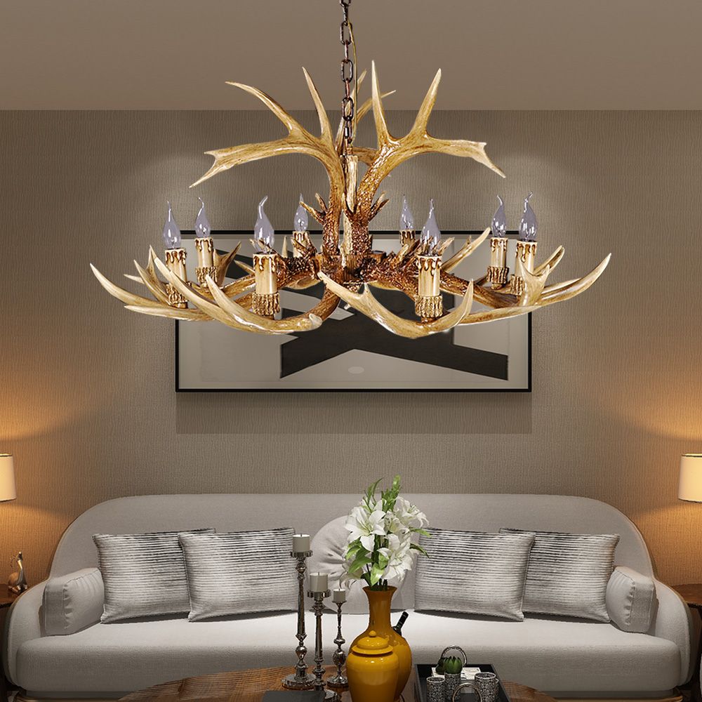 Traditional Antler Shaped Hanging Lamp 8 Bulbs Resin Chandelier Light Fixture in Brown