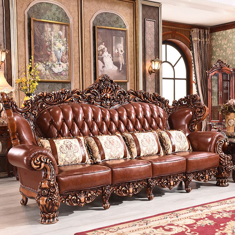 Genuine Leather Sofa Brown Tufted Split-Back Rolled Arm Sofa