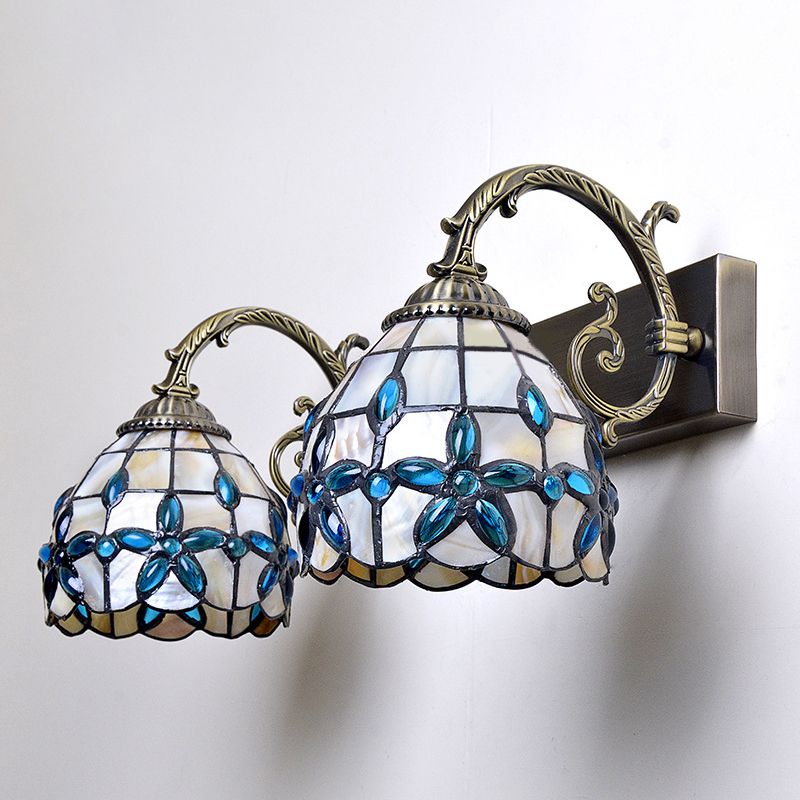 Tiffany Vanity Mirror Lights Aged Brass Vanity Wall Sconce in Natural Shell Shade