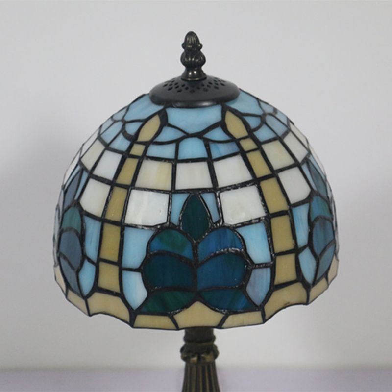 1 Light Bedside Nightstand Light Mediterranean Blue Night Table Lamp with Dome Stained Glass Shade