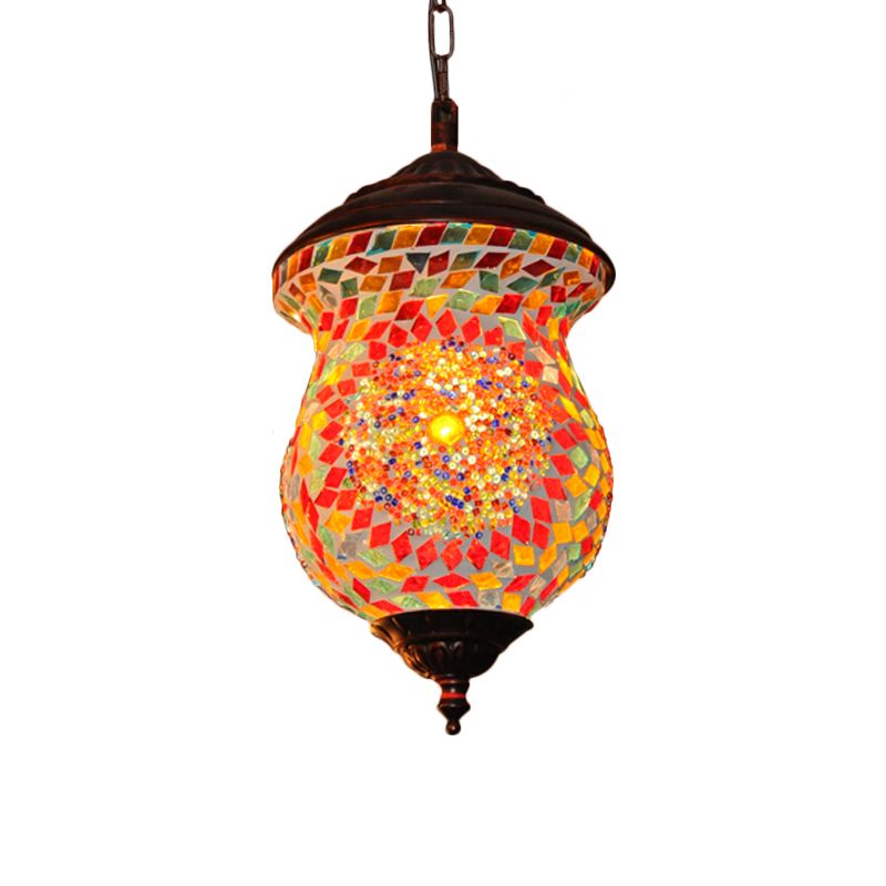1 Head Urn Pendant Lamp Traditional Copper Stained Art Glass Hanging Light Fixture for Foyer