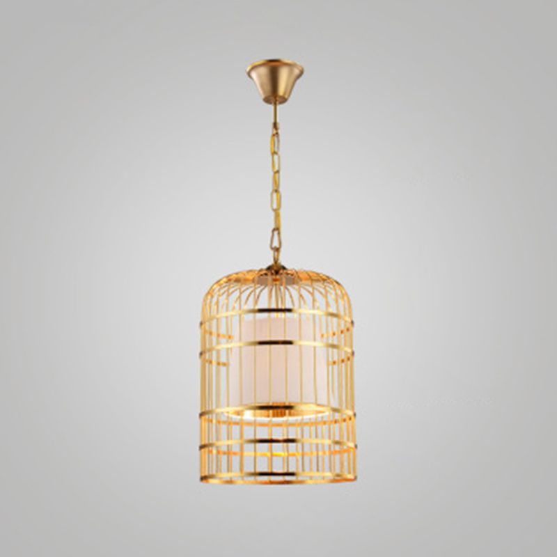 Golden Birdcage Design Metal Suspension Light Fabric Shade Creative Lighting Fixture with 35.5" Adjustable Hanging Chains