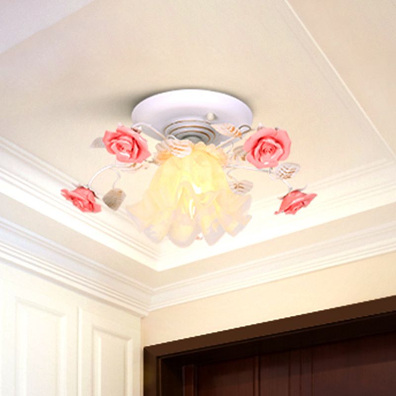 Rose Porch Ceiling Lighting Korean Garden Metal 1 Bulb White Semi Flush Mount Light Fixture