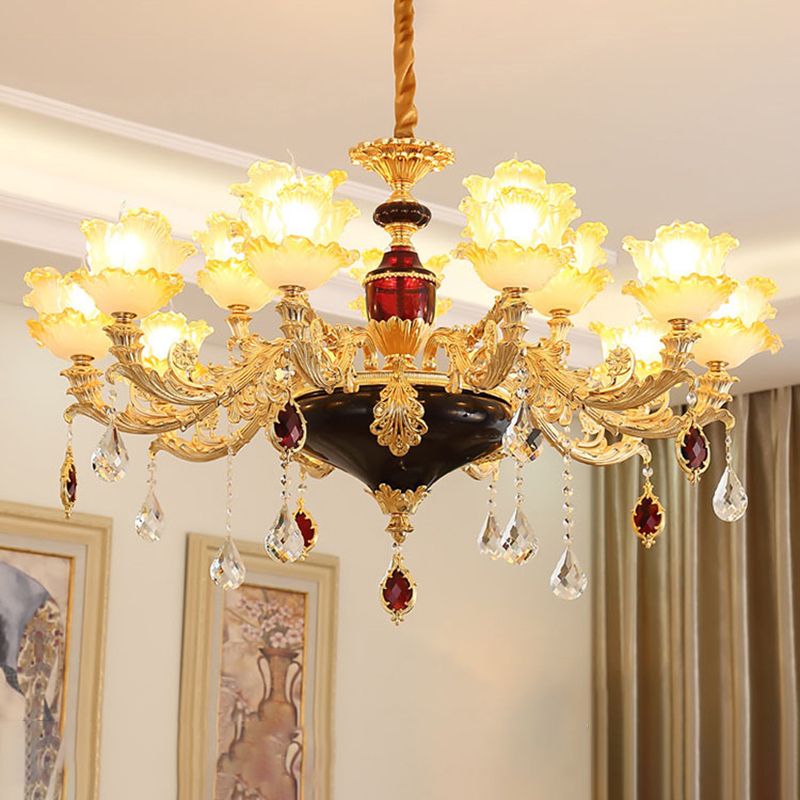 Traditional Ruffled Floral Ceiling Lighting Textured Glass Chandelier Light Fixture with Crystal Accent