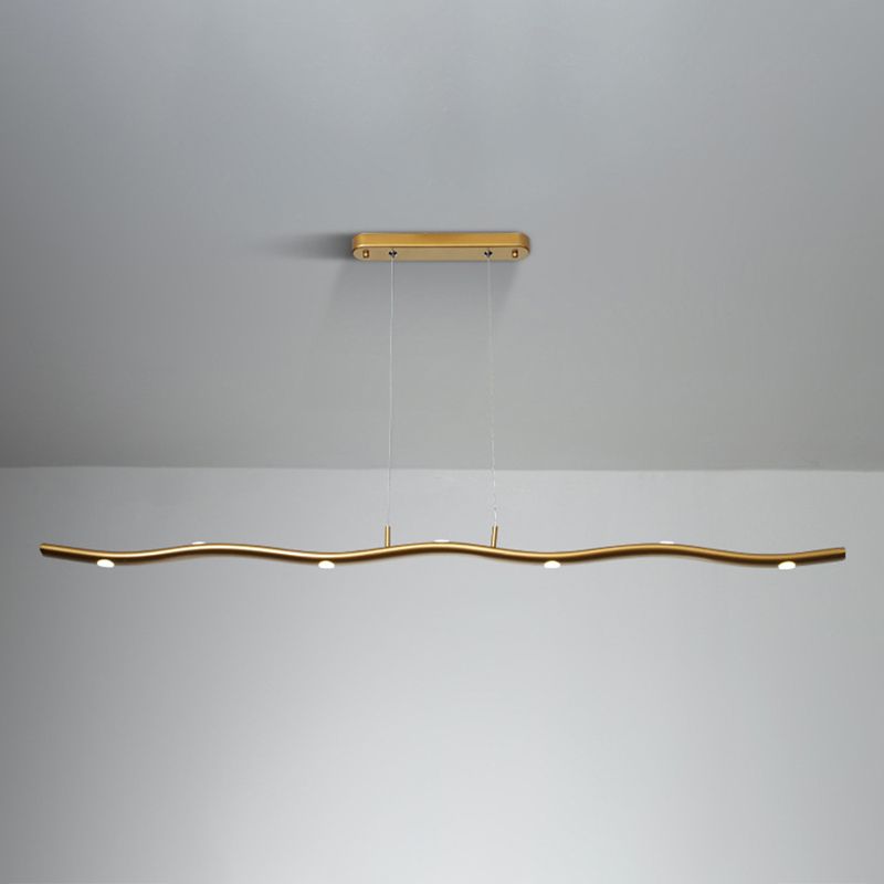 Gold/Wood Waving Line Suspension Light Simple LED Metallic Ceiling Chandelier in Warm/White Light