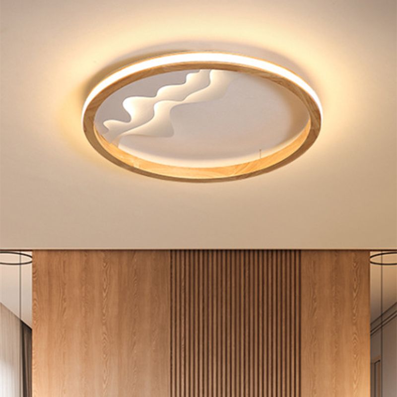 Ring Flush Mount Fixture Modern Wood 13"/15"/21" W LED Beige/White Flush Light for Bedroom, Natural/3 Color/Remote Control Stepless Dimming