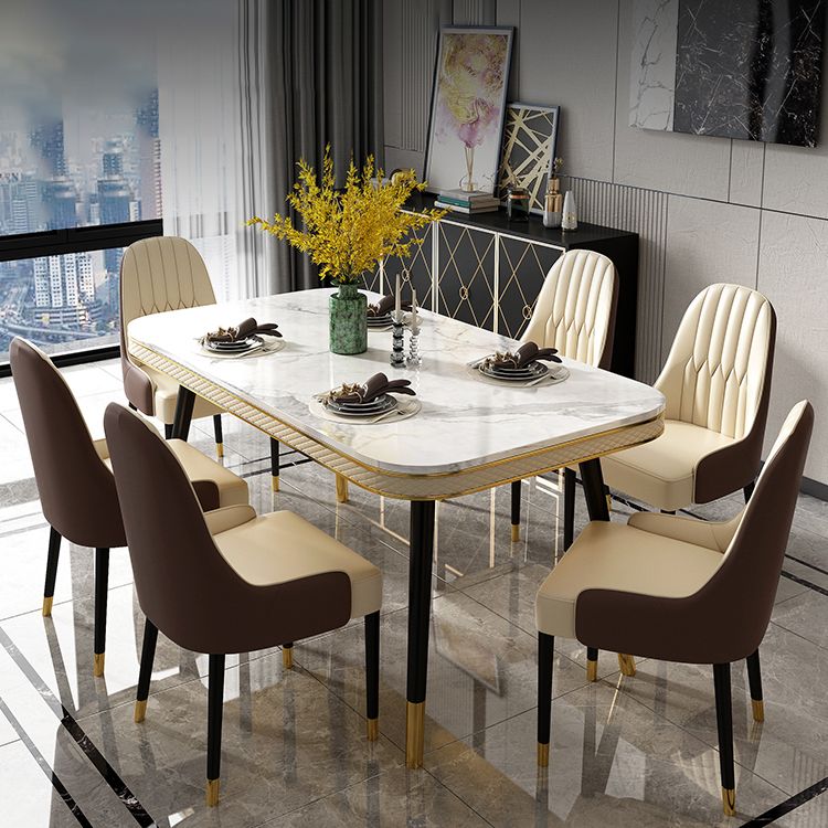 Luxury 1/2/5/7 Pieces Rectangle Dining Set Marble Dining Table with Leather Chairs