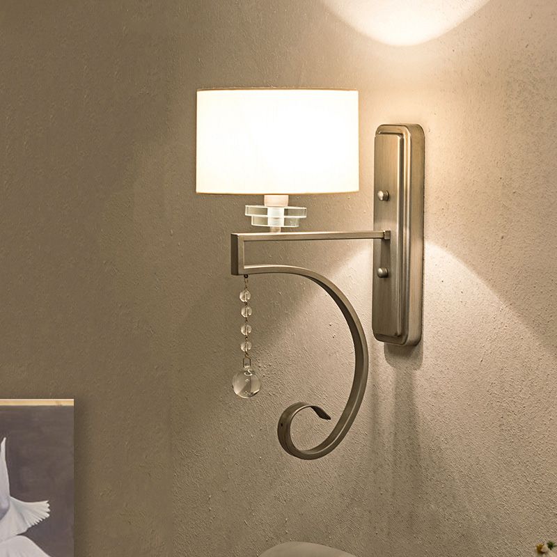 1 Bulb Crystal Wall Sconce Traditional Bedroom Wall Lighting Fixture with Drum Fabric Shade in Nickle