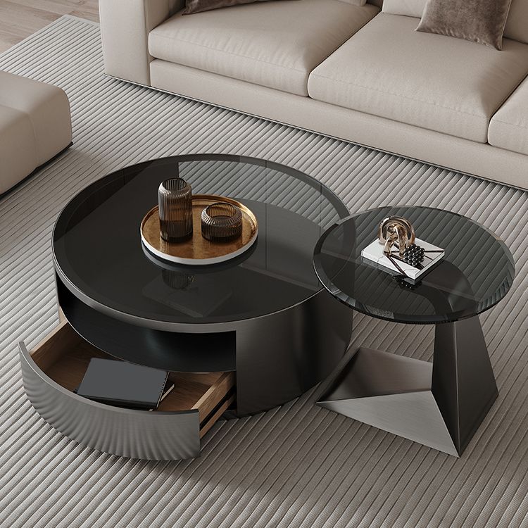 Contemporary Round Glass Coffee Table Set 1-Drawer 2 Piece Bunching Tables