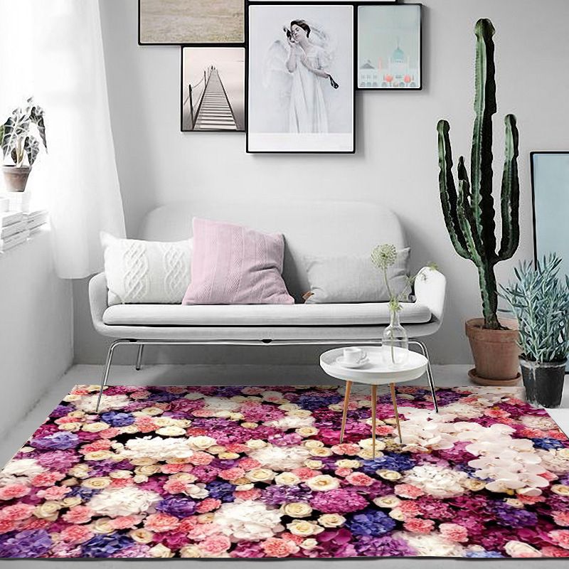 French Country Floral Pattern Rug Purple and Pink Polyester Rug Machine Washable Non-Slip Backing Area Rug for Living Room