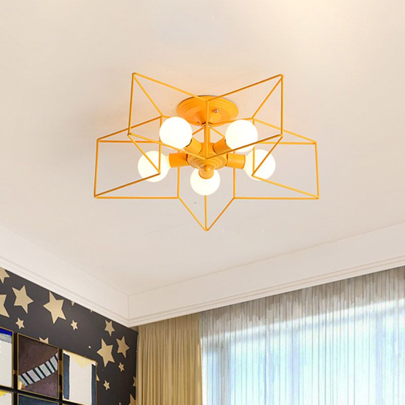 Pentacle Frame Iron Flush Mount Light Kids 5-Bulb Pink/Grey/Blue Semi Flush Ceiling Light for Baby Room