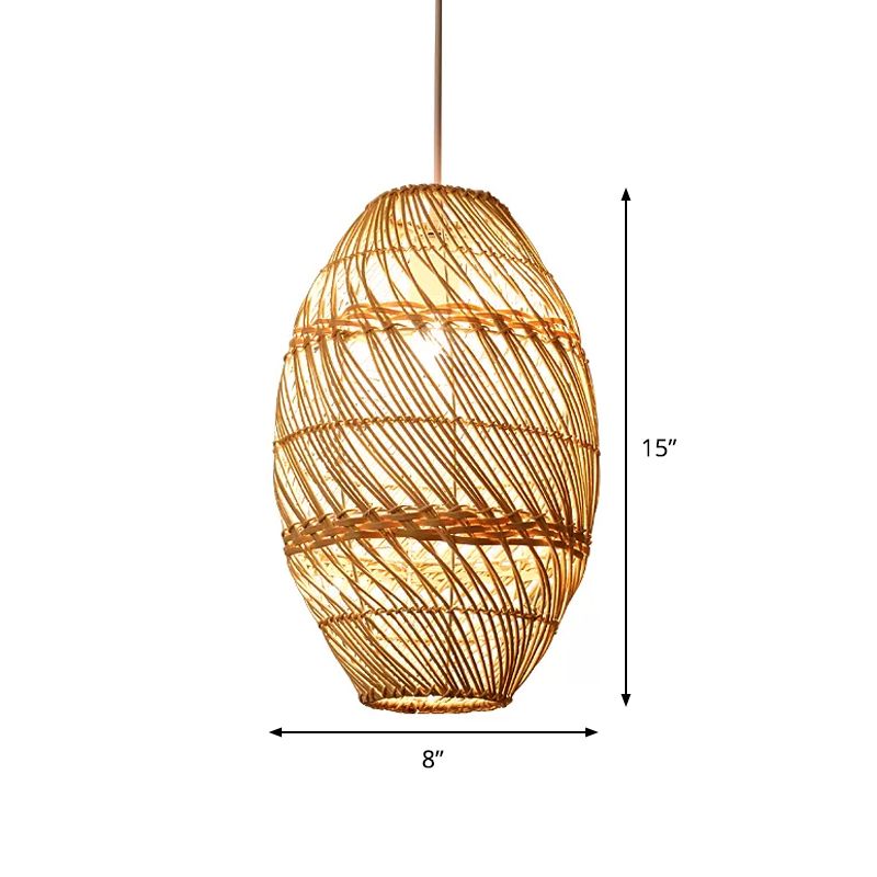 Wood Oblong Suspension Light Asian-Style 1 Bulb Bamboo Rattan Ceiling Pendant Lamp