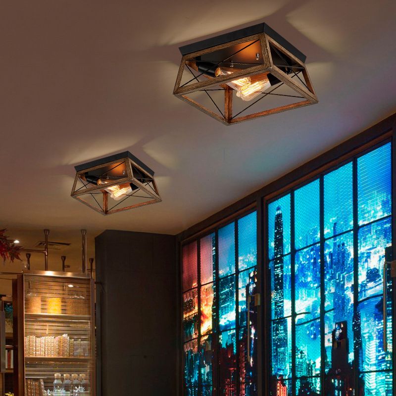 Metal Square Flush Mount Lamp Industrial Style 2 Lights Flush Ceiling Lights