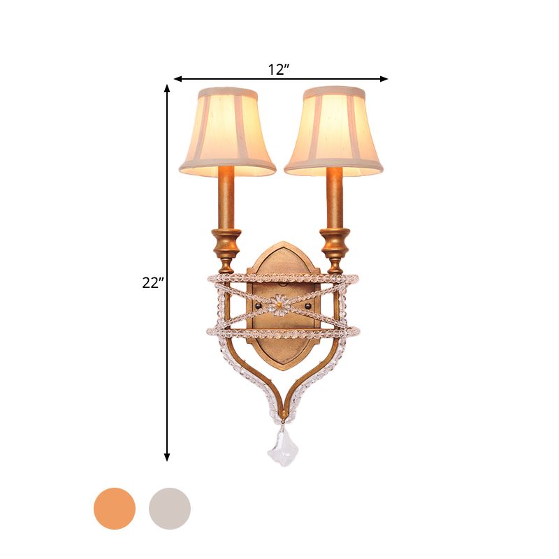 2 Lights Empire Shade Wall Light Vintage Gold/Silver Fabric Sconce Light with Crystal Accent