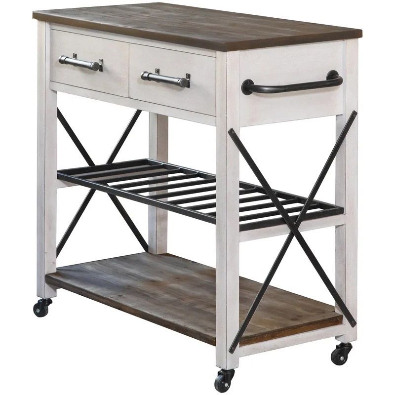 Solid Wood Kitchen Island Modern Rolling Kitchen Trolley with Towel Rack