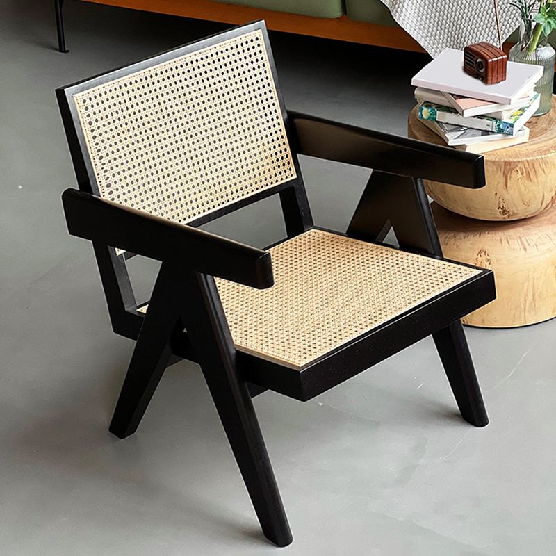 Woven Back Lounge Chair Basic Four Leg Solid Wood Chair with Cushion