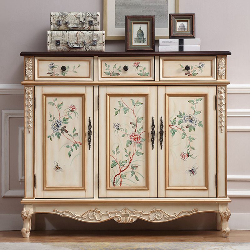 Industrial Cabriole Legs Accent Cabinet Solid Wood Oak Storage Cabinet with Drawer