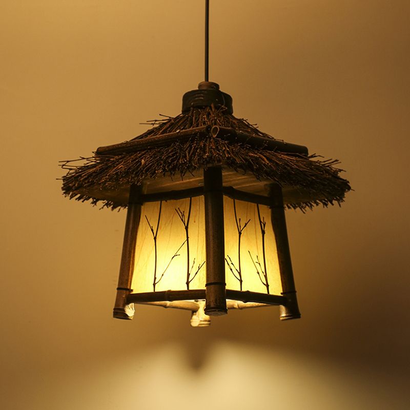 Rustieke huisvormige hanglampverlichting bamboe 1 hoofd traanhangend plafond licht in bruin