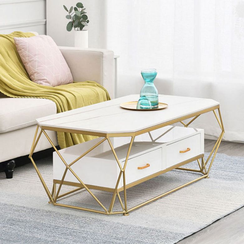 Slate Rectangular Coffee Table Golden Frame Abstract Cocktail Table with Drawer