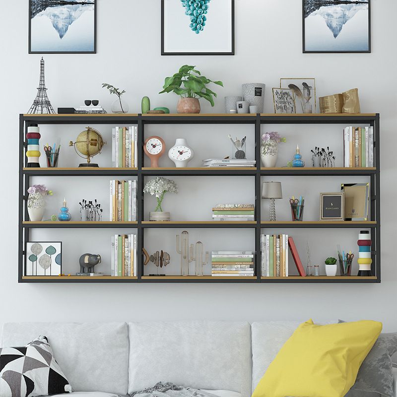 Industrial Wall Unit Bookshelf Black Steel Frame Natural Manufactured Wood Shelf Bookshelf