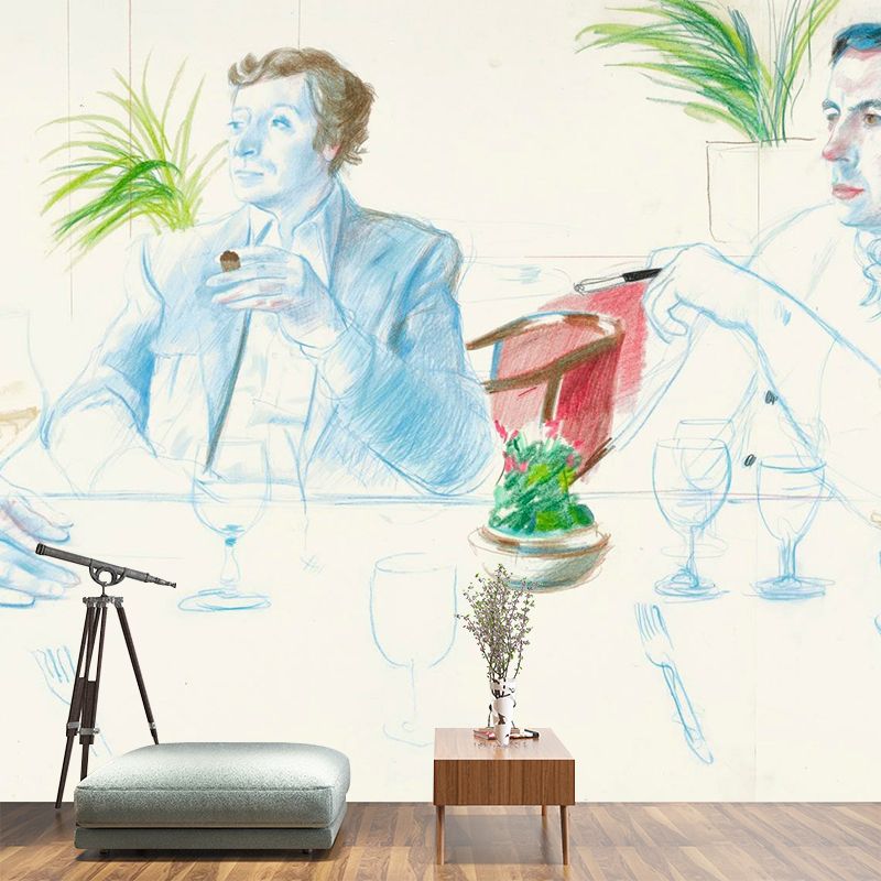 Art the Dining Gentlemen Mural Wallpaper Blue-Green Pencil Drawing Wall Covering for Home