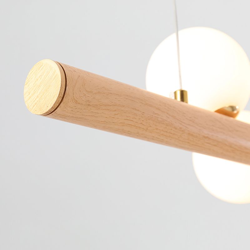 Faux Wood Design Modern Island Light White Glass Ball Shade Modern Hanging Lamp for Restaurants